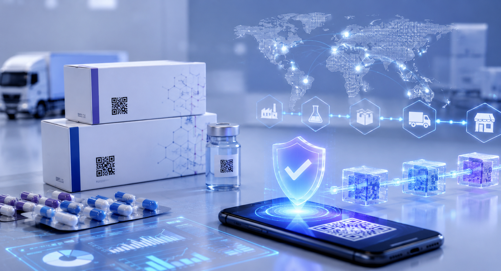 Digital medicine traceability concept with QR authentication, medicine packaging, supply chain nodes, and verification shield.