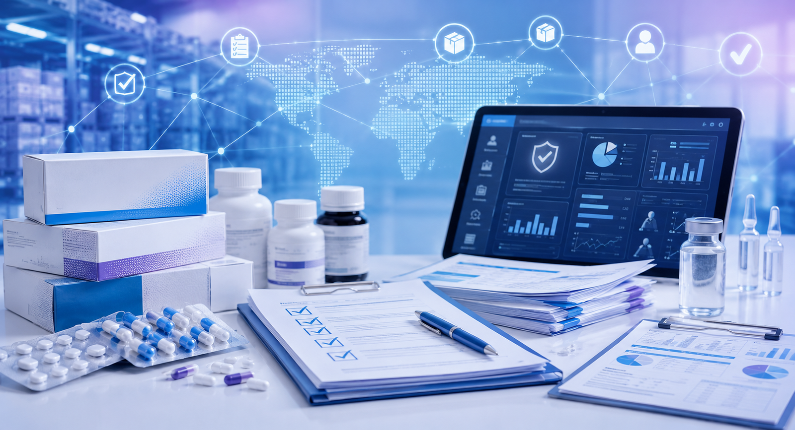 Pharma compliance and audit readiness concept with medicine packaging, regulatory documents, checklist, and digital dashboard.
