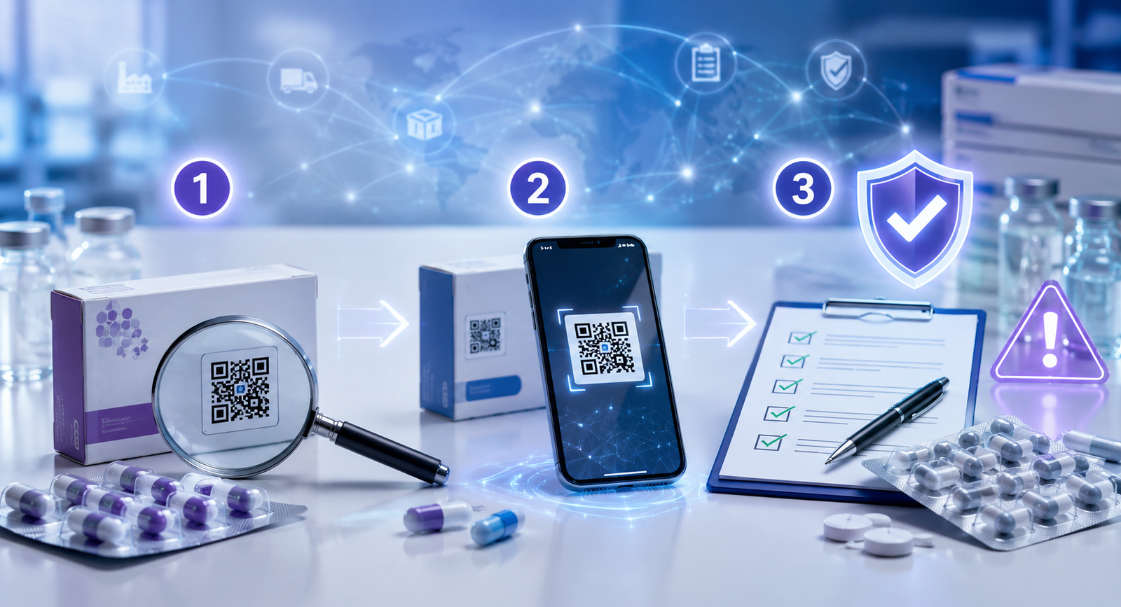 Three-step fake drug detection concept with medicine packaging, QR verification, magnifying glass, checklist, and safety shield.