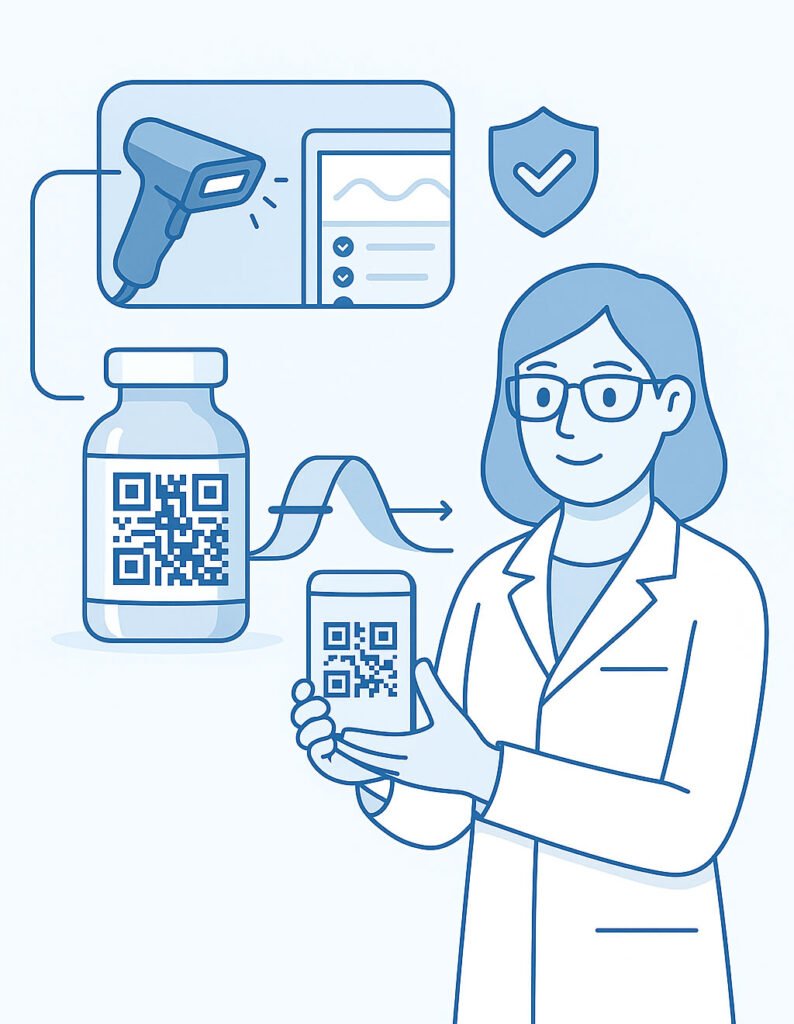 Illustration of a pharmacist verifying a medicine package with a QR code, connected to a digital scanning device and checklist dashboard, representing pharmaceutical traceability and compliance.
