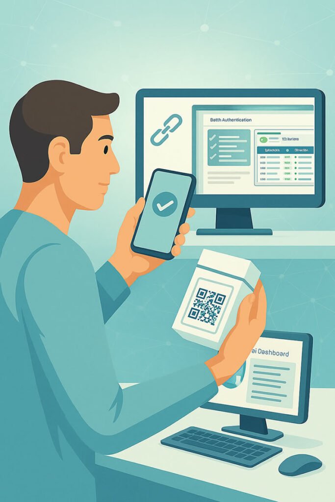 A pharmacist or healthcare professional sits at a desk scanning a medicine package with a smartphone, while two computer monitors display a digital traceability dashboard and blockchain verification interface. The scene symbolizes real-time medicine authentication, compliance tracking, and pharmaceutical safety.