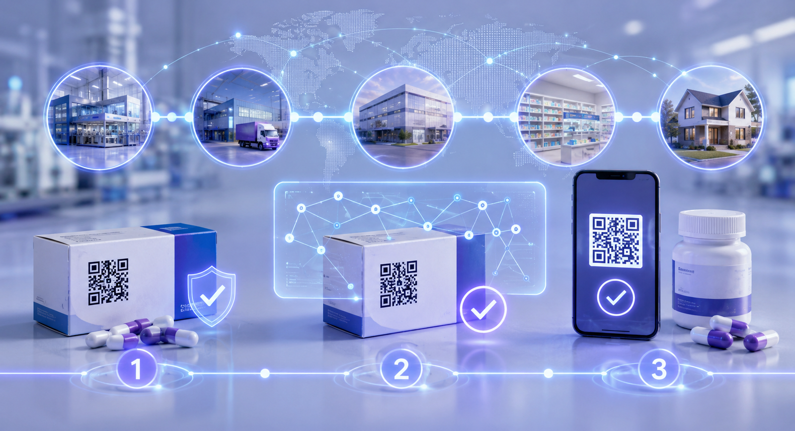 Three-step pharma traceability concept with medicine packaging, QR verification, digital supply chain nodes, and authentication icons.