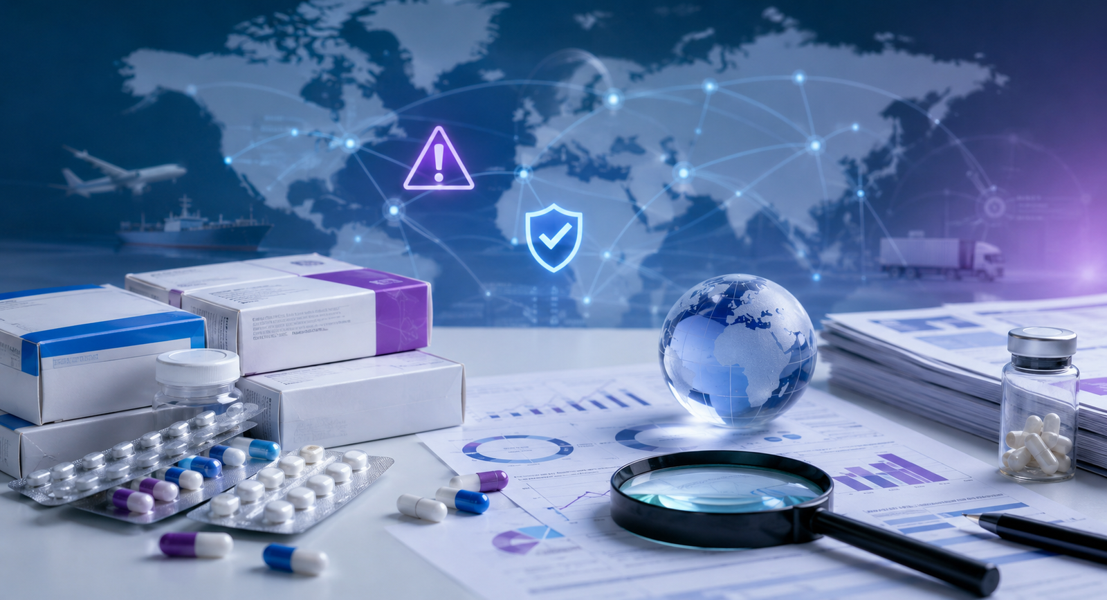 Counterfeit medicine report concept with drug packaging, capsules, documents, magnifying glass, and global supply chain verification.