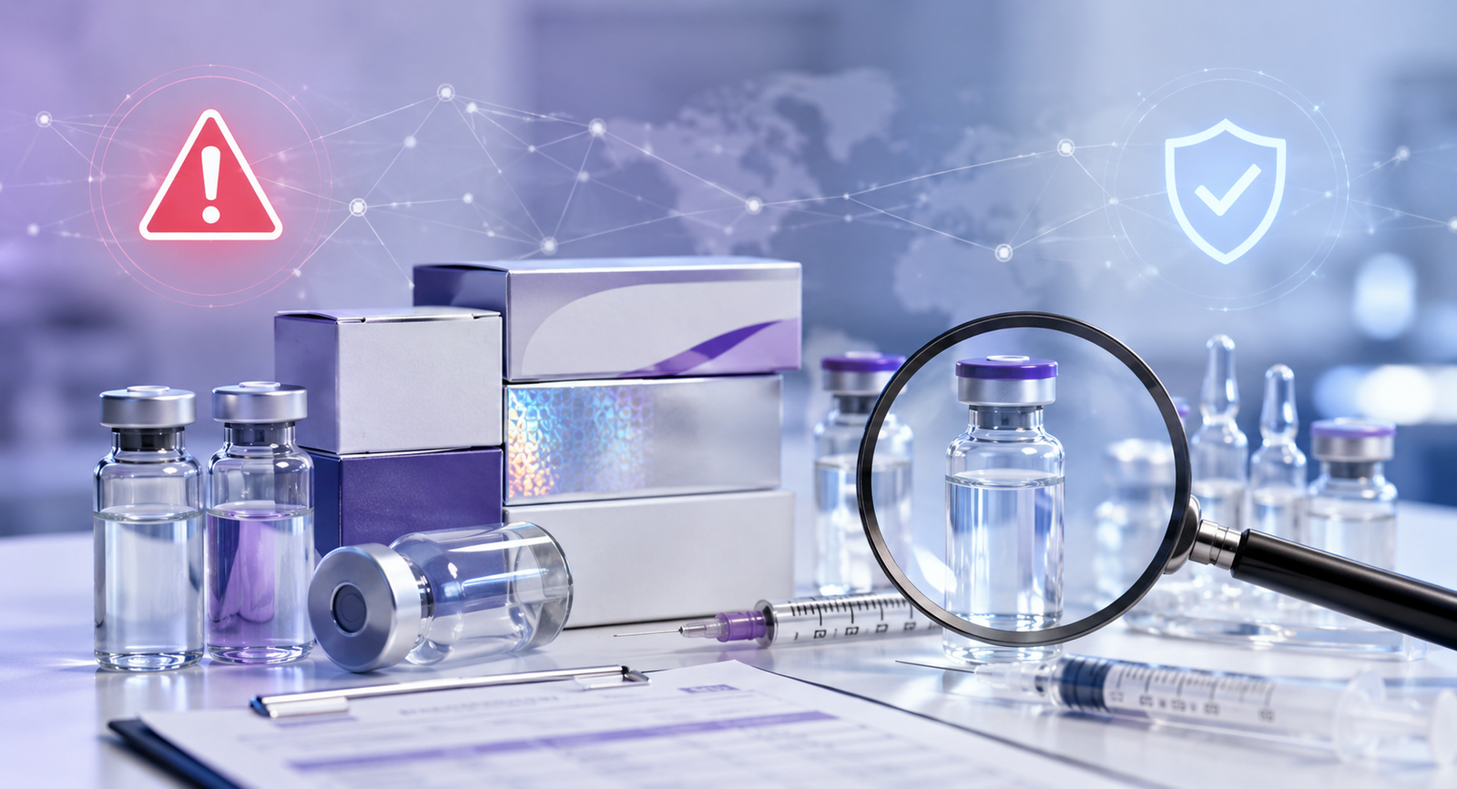 Counterfeit Botox verification concept with aesthetic medicine vials, syringes, inspection documents, magnifying glass, and safety shield.