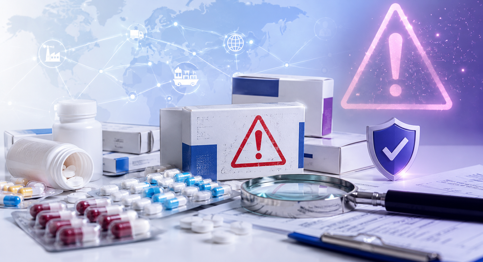 Fake medicine global alert concept with counterfeit drug packaging, capsules, blister packs, magnifying glass, and verification shield.