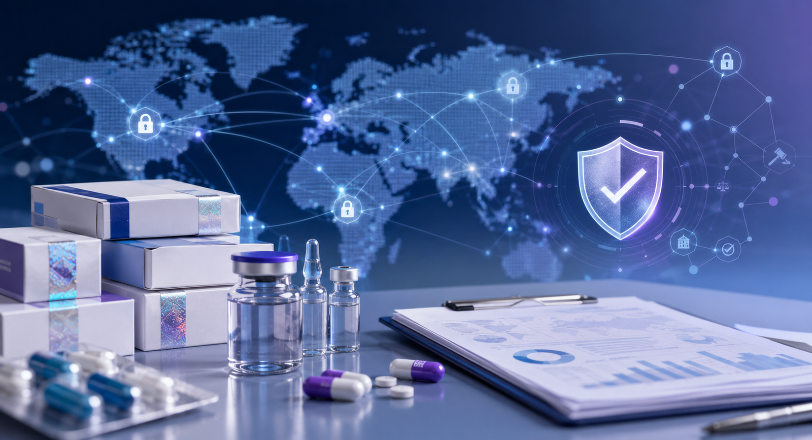 Global counterfeit medicine network enforcement concept with medicine packages, digital map connections, compliance documents, and security shield.