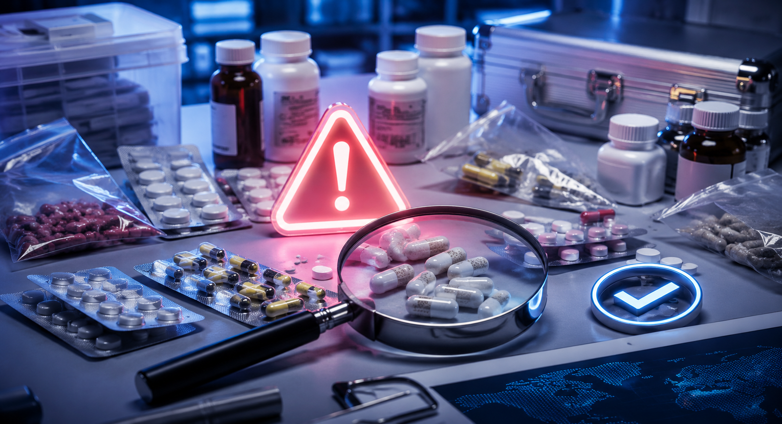 Counterfeit pills seizure and dangerous drug safety warning concept with medicine bottles, inspection evidence, and magnifying glass.