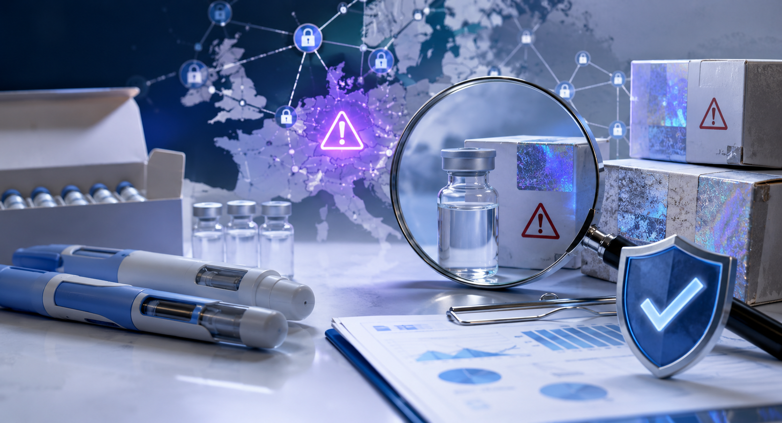 Counterfeit weight-loss drug network in Europe concept with injection pens, medicine vials, packaging, warning symbol, and verification shield.