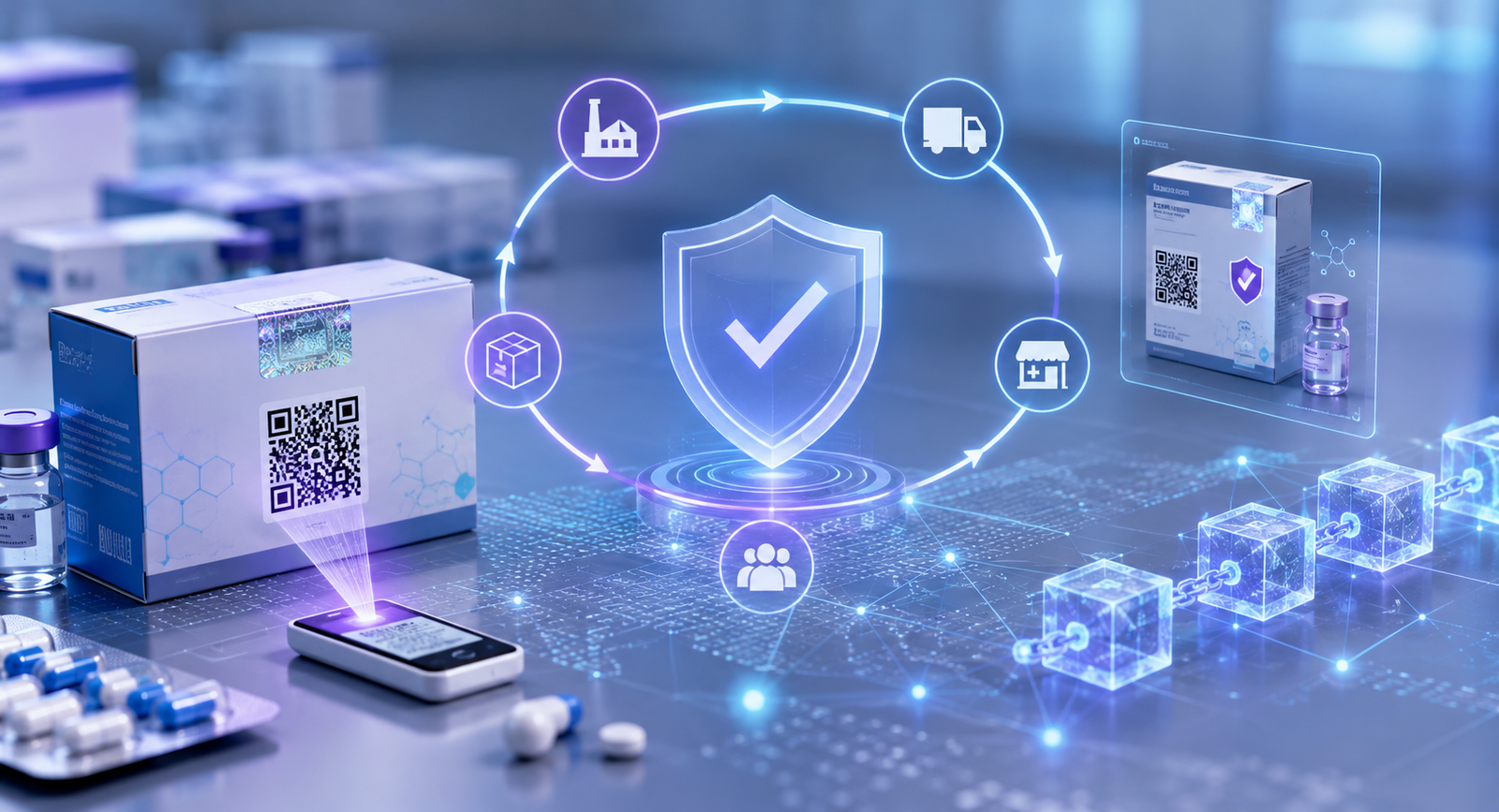 Closed-loop medicine verification concept with drug packaging, QR authentication, digital traceability nodes, and anti-counterfeit protection.