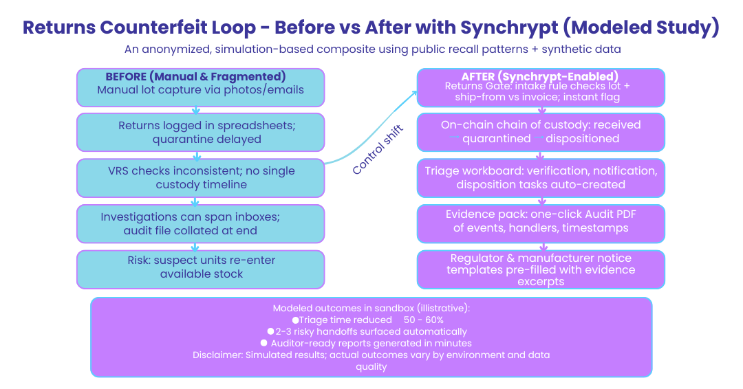 Before vs After flow showing how Synchrypt flags risky returns, maintains on-chain custody, creates a triage workboard, and exports an audit PDF; modeled composite from public incidents.