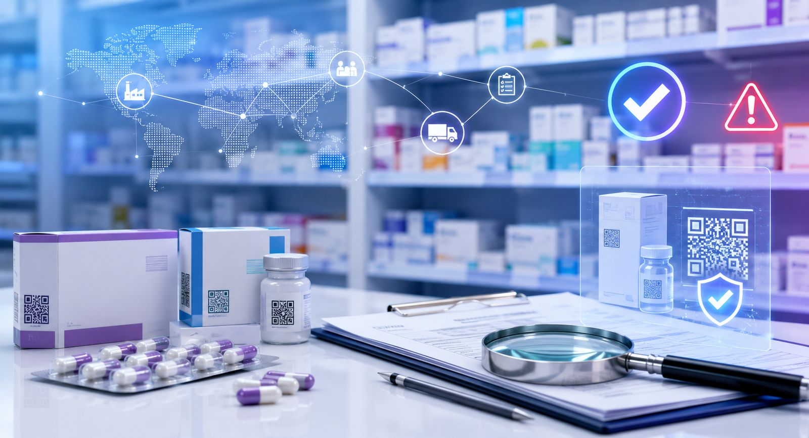 Medicine traceability at pharmacy shelf concept with drug packaging, verification icon, magnifying glass, and supply chain network lines.