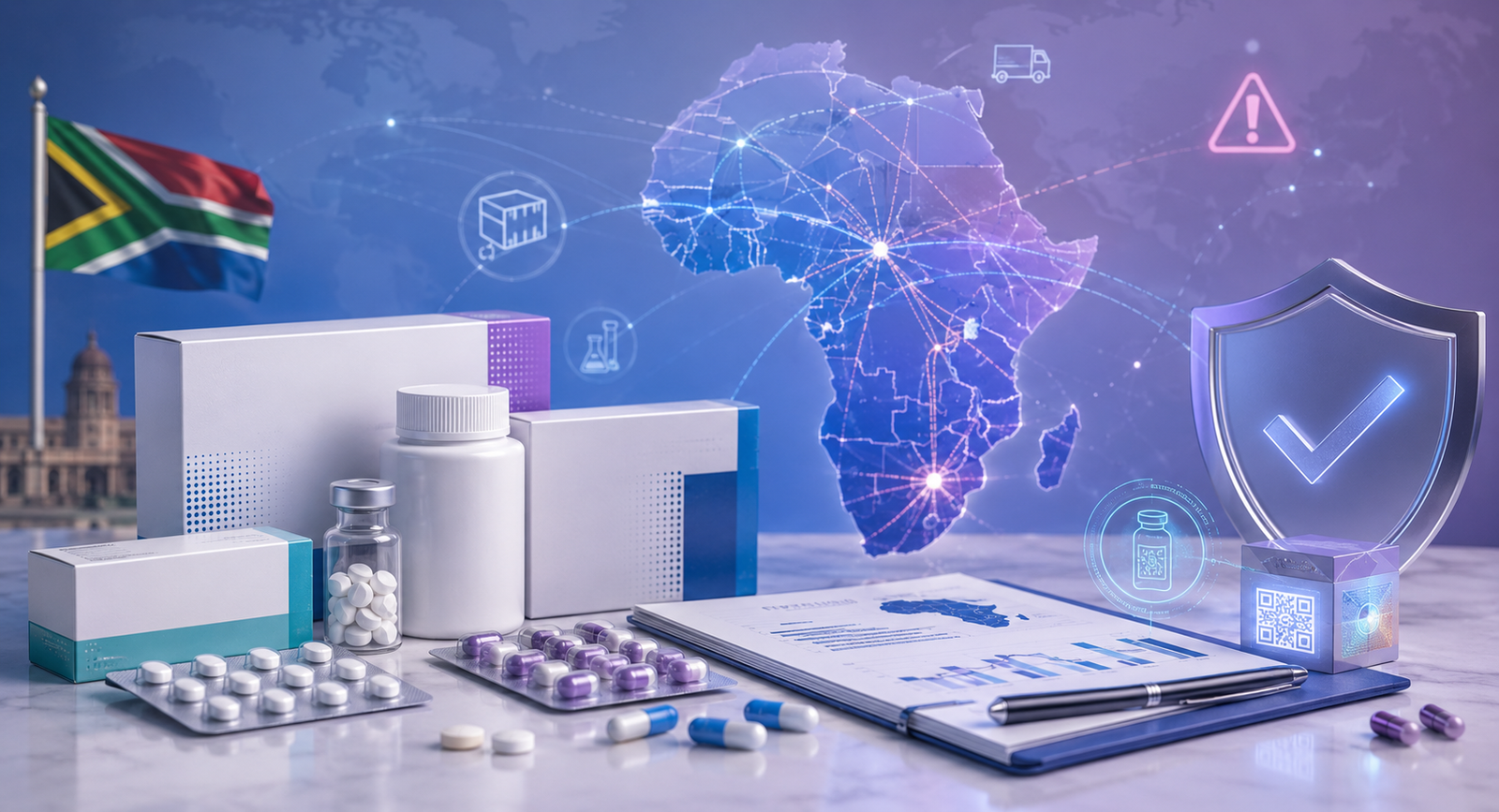 South Africa fake medicine action plan concept with medicine packaging, public health documents, verification shield, and supply chain network lines.