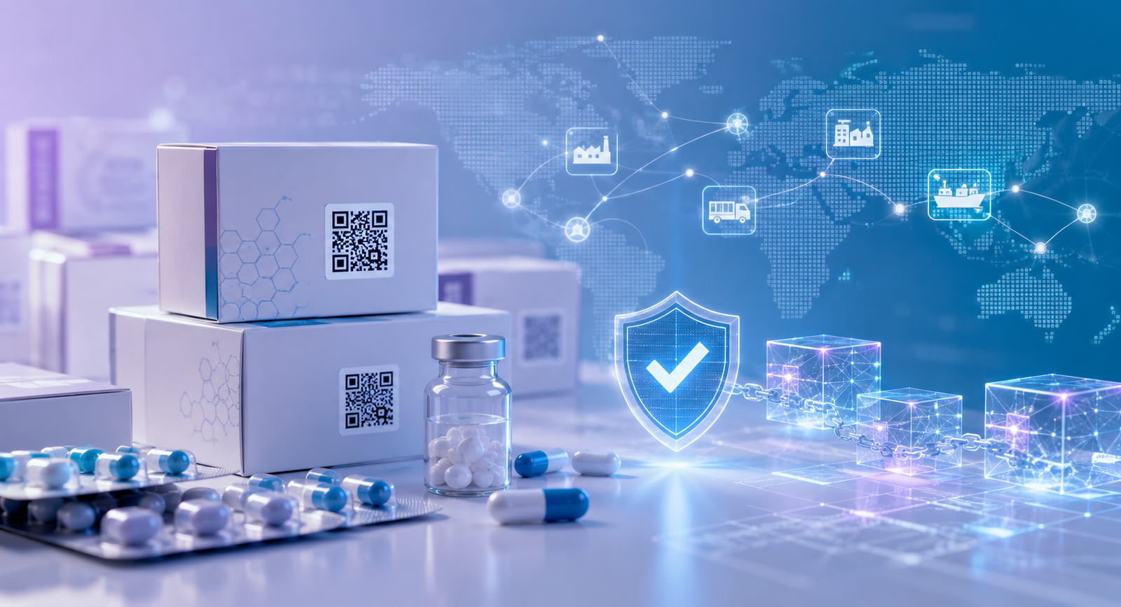 Blockchain medicine traceability concept with drug packaging, QR verification, digital network nodes, and global supply chain transparency.