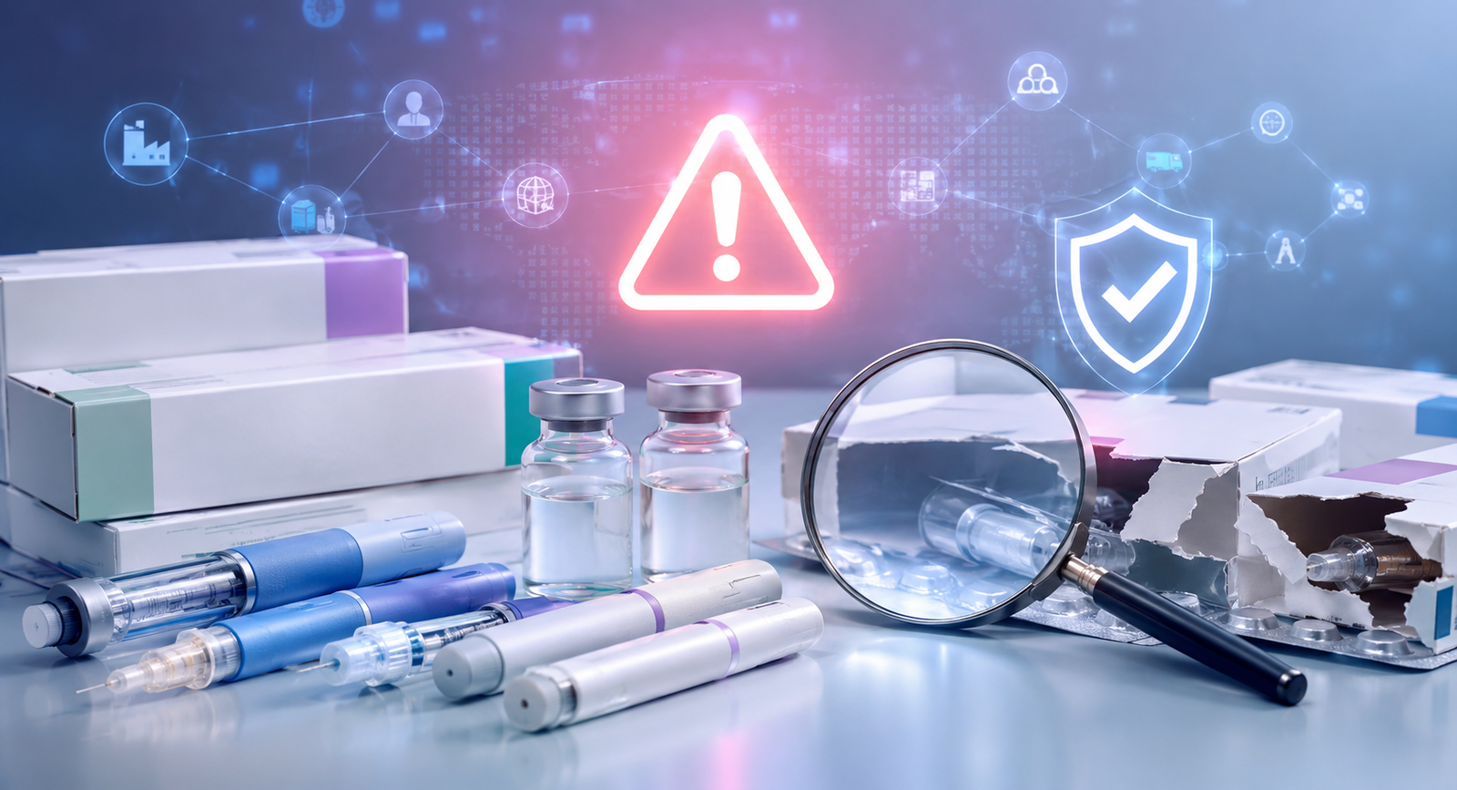 Fake weight-loss injection and counterfeit medicine warning concept with medicine vials, injection pens, packaging, and verification symbol.
