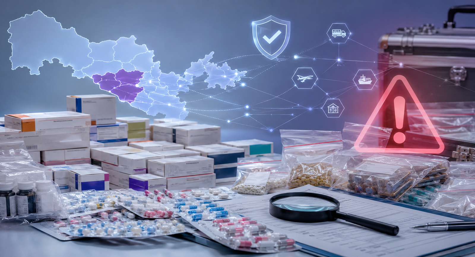 Counterfeit drug seizure in Uzbekistan concept with medicine boxes, capsules, evidence bags, inspection documents, and supply chain verification.