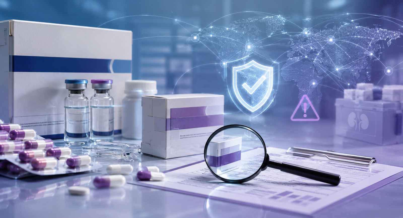 Fake transplant medicine safety concept with drug packaging, vials, inspection documents, magnifying glass, and supply chain verification.