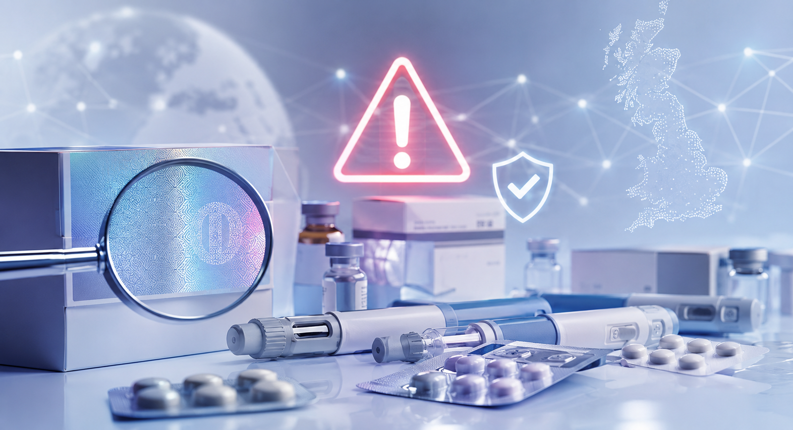 Counterfeit weight-loss injection warning concept with injection pens, medicine vials, packaging, magnifying glass, and verification symbol.