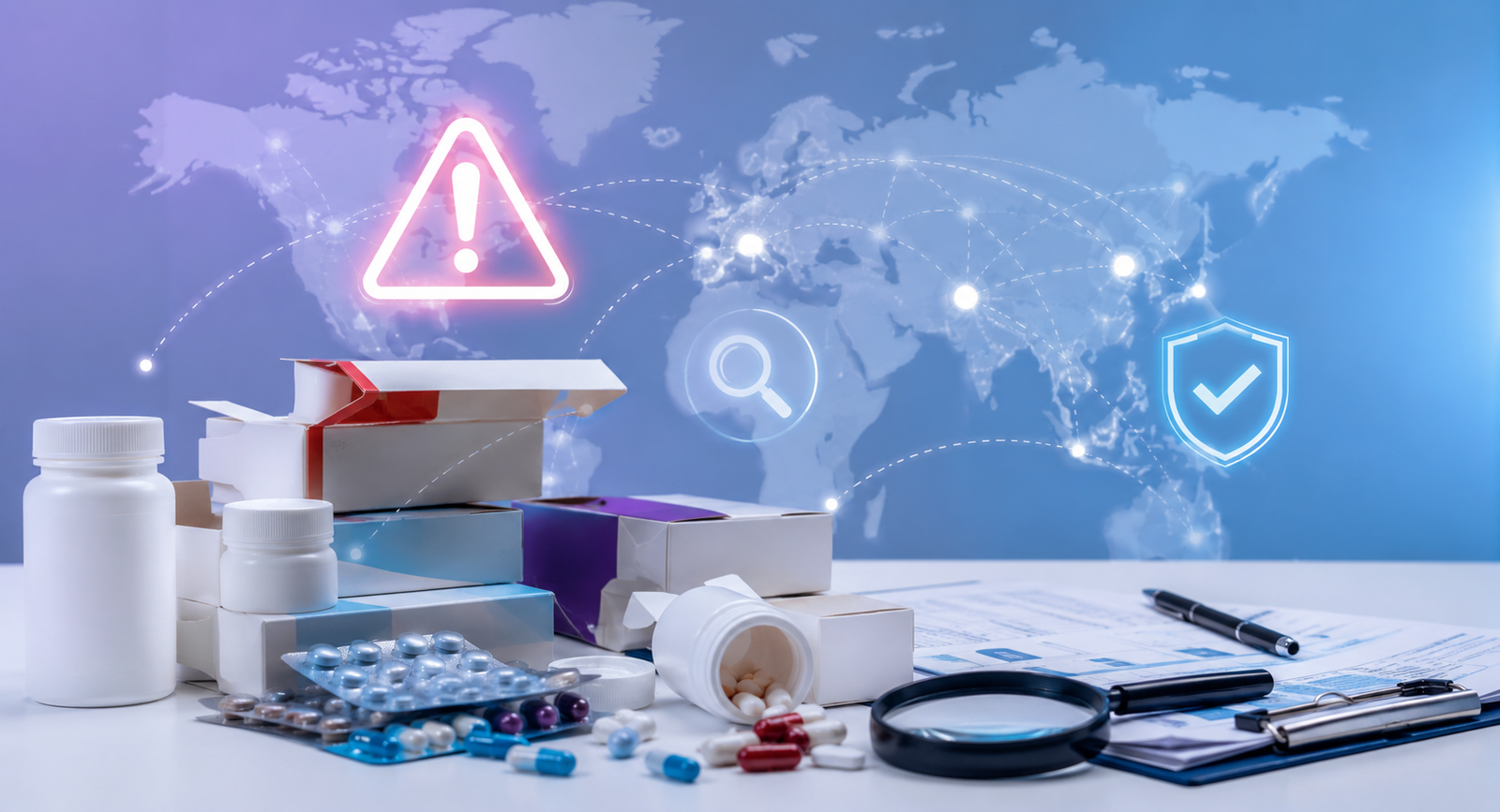 Unregulated medicine and global counterfeit drug risk concept with medicine packaging, capsules, inspection documents, and warning symbol.