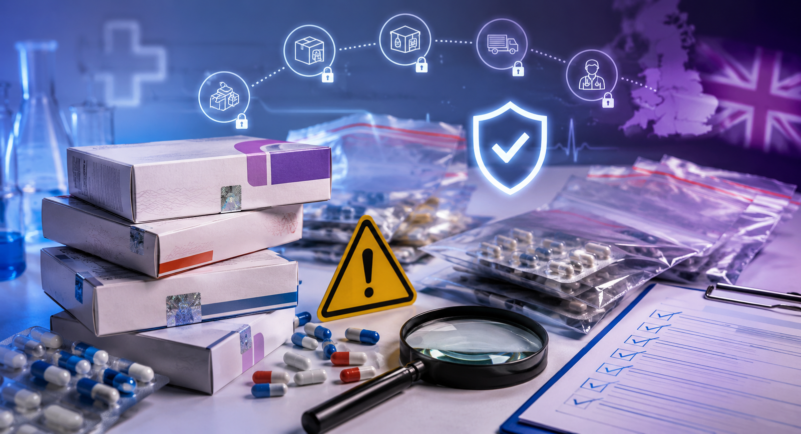 Fake medicine black market warning concept with medicine boxes, capsules, evidence bags, inspection documents, and magnifying glass.