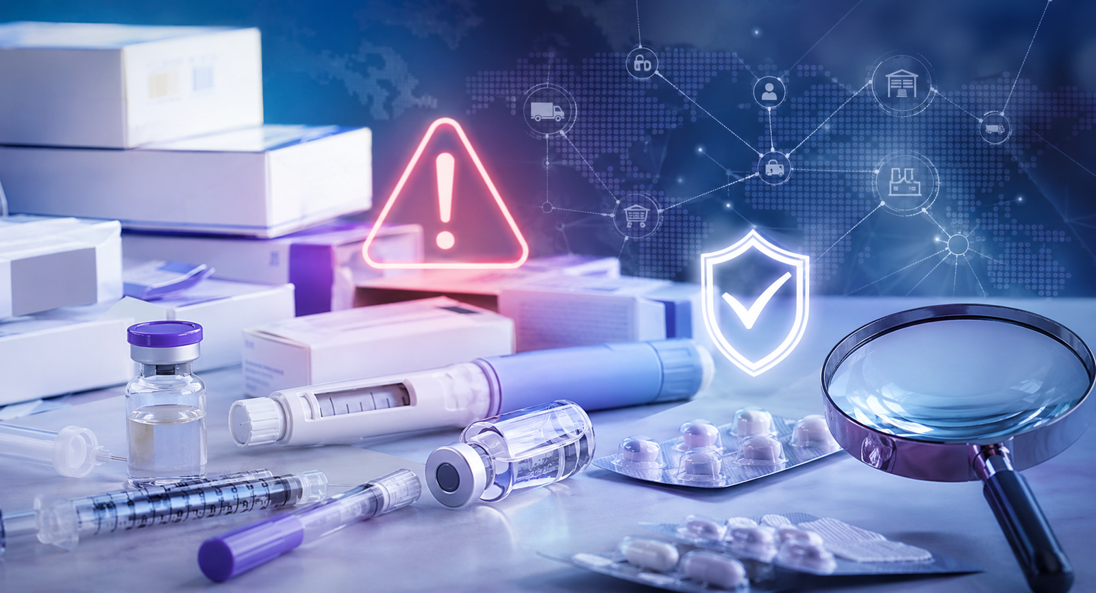 Fake injectable drug and weight-loss treatment black market concept with injection pens, vials, counterfeit packaging, and warning symbol.