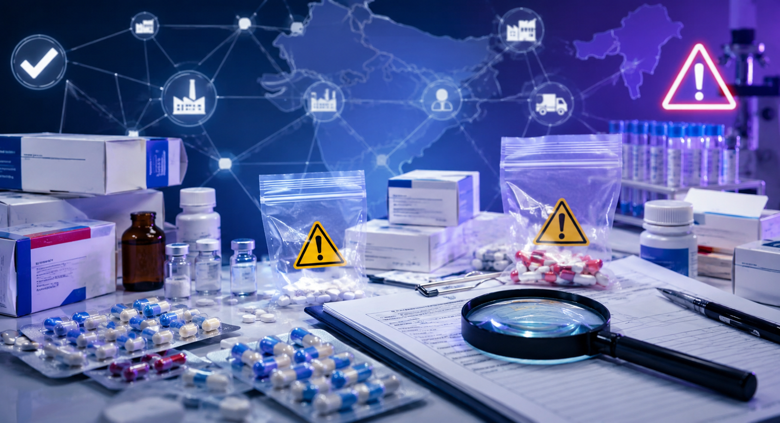 Fake medicine manufacturing investigation concept with medicine boxes, evidence bags, inspection papers, magnifying glass, and verification symbol.