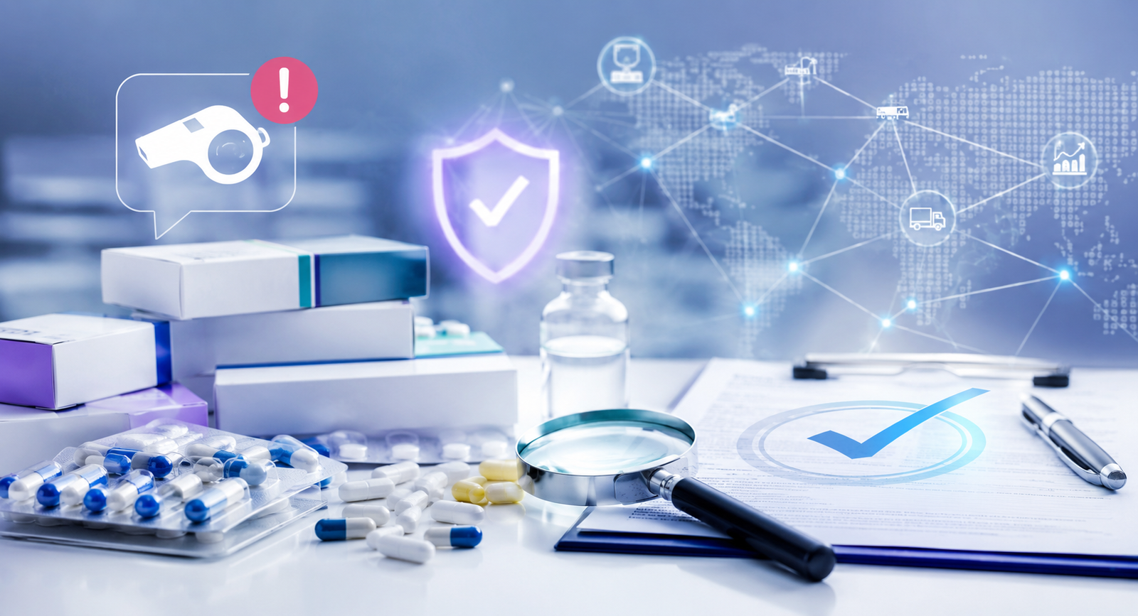 Fake medicine whistleblowing and reporting concept with medicine packaging, inspection documents, magnifying glass, and supply chain verification.