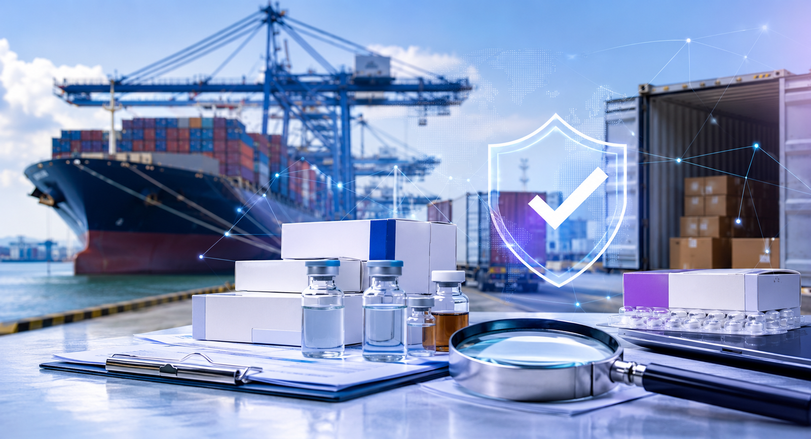 Pharmaceutical import inspection at U.S. ports with medicine boxes, shipping containers, inspection documents, and verification shield.