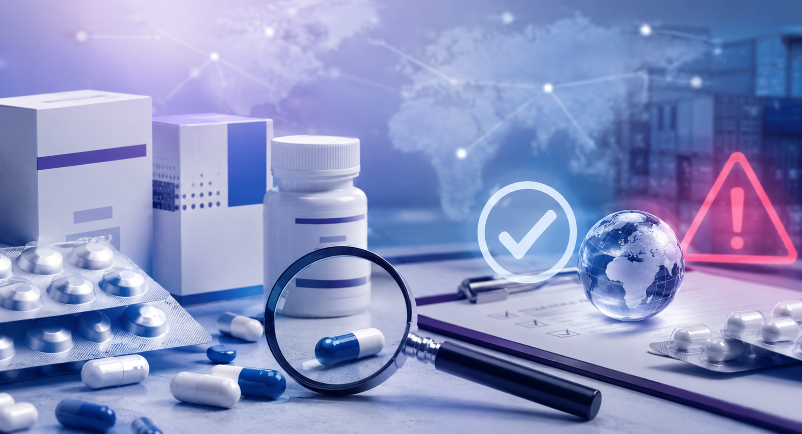 Counterfeit antibiotic warning concept with medicine packaging, capsules, inspection documents, magnifying glass, and global supply chain verification.
