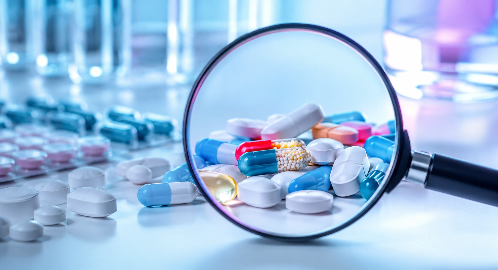 Assorted medicine capsules and tablets under a magnifying glass on a clean medical surface.